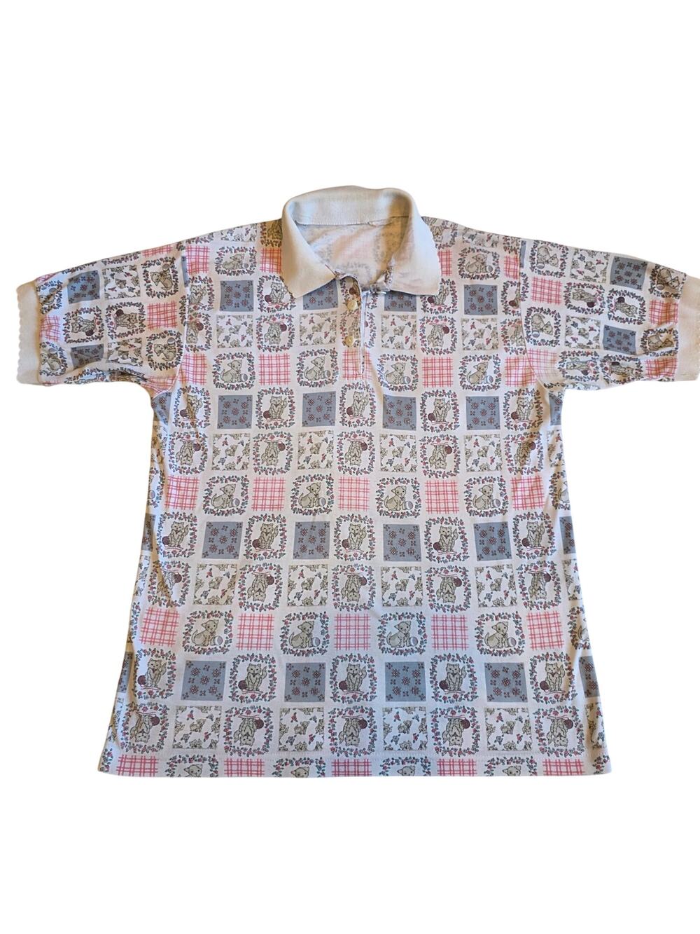 Vintage‎ Grandmacore Kitten Puppy Patchwork Graphic Polo Shirt XL